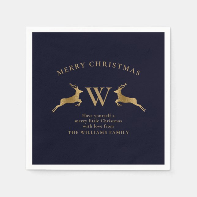 Merry Christmas Family Monogram Gold Deer Navy Napkin (Front)