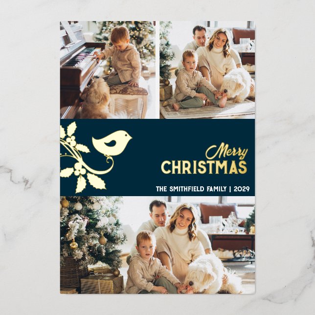 Merry Christmas Family Multi-Photo Gold Foil Holiday Card (Front)