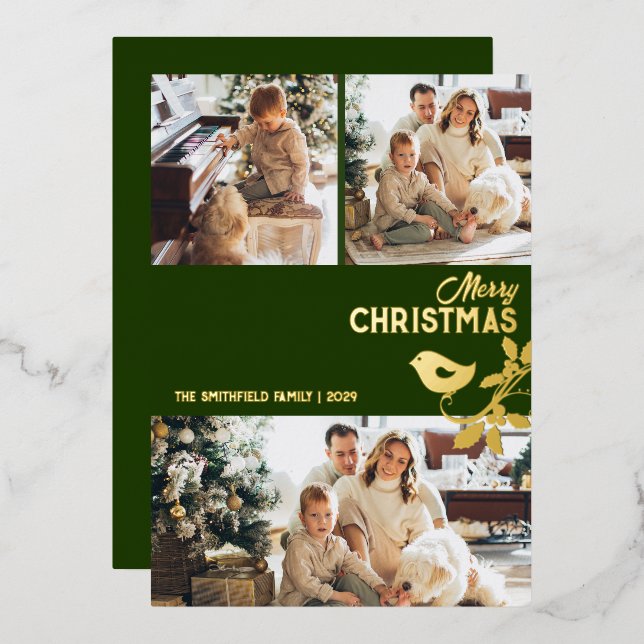 Merry Christmas Family Multi-Photo Gold Foil Holiday Card (Front/Back)