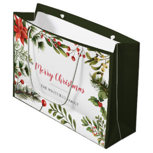 Merry Christmas Family Name Berries Greenery Large Gift Bag