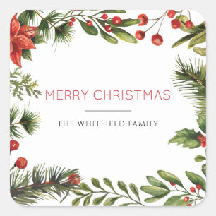Merry Christmas Family Name Berries Greenery Square Sticker