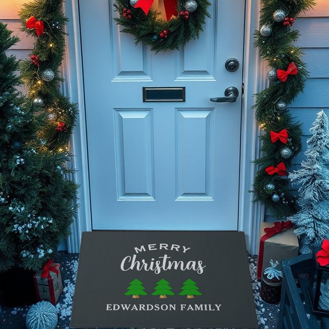 Merry Christmas family name christmas trees Doormat (Merry Christmas family name christmas trees Doormat. Nice doormat for the Holiday season.)