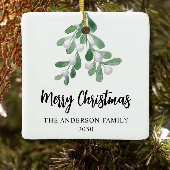 Merry Christmas  Family Name Elegant Botanical Ceramic Ornament (Creator Uploaded)