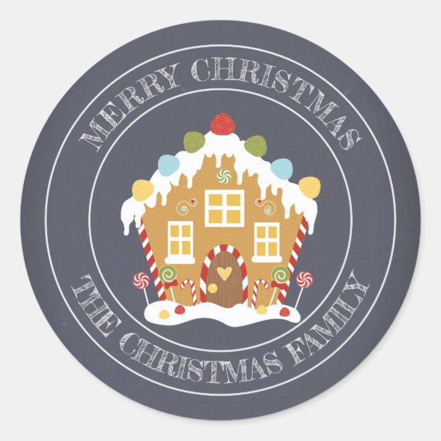 Merry Christmas Family Name Gingerbread House Classic Round Sticker (Front)