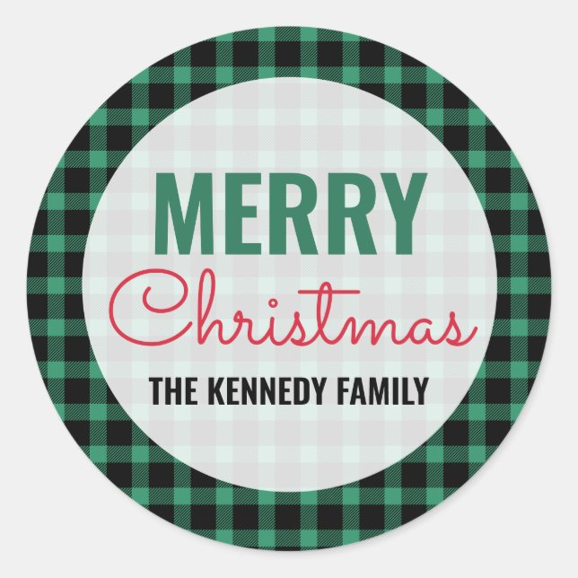 Merry Christmas Family Name Green Buffalo Plaid Classic Round Sticker (Front)