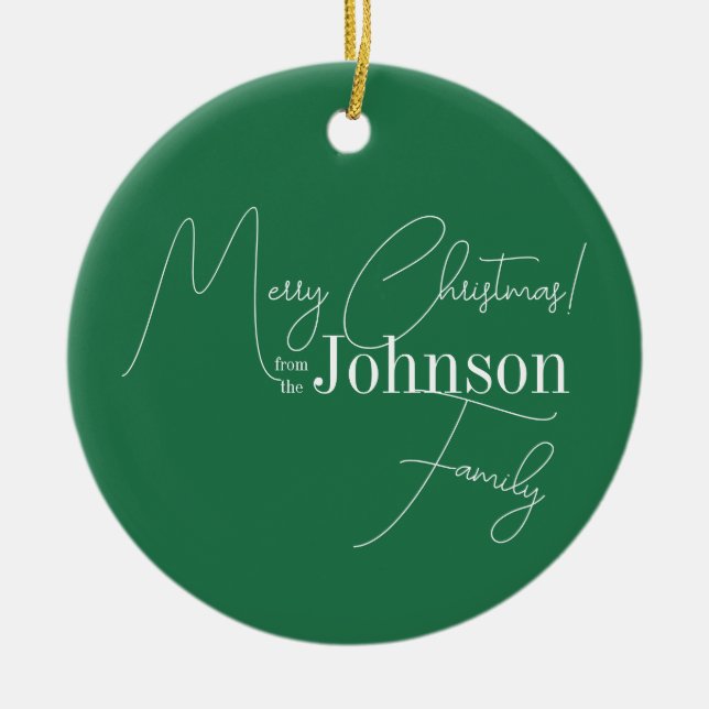 Merry Christmas Family Name Green Ceramic Tree Decoration (Front)