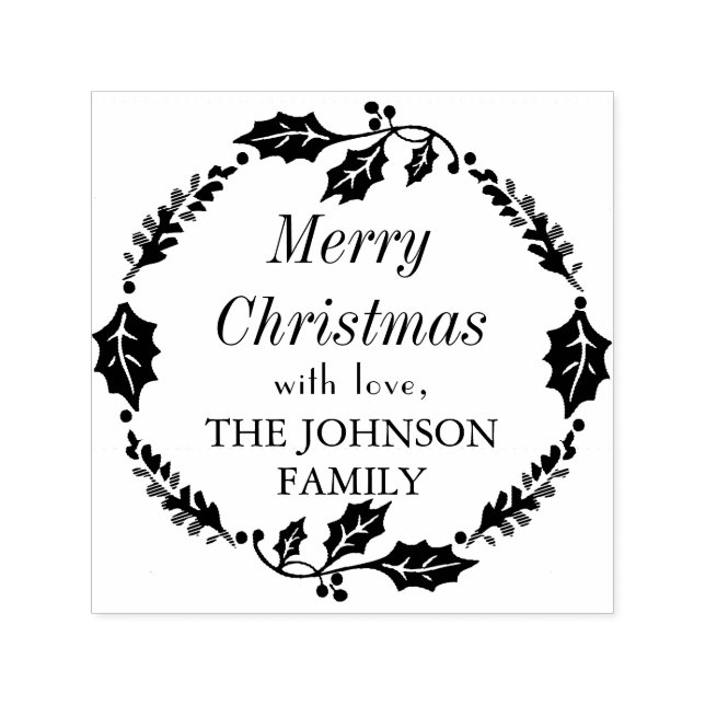 Merry Christmas Family Name Holly Wreath Stamp (Design)