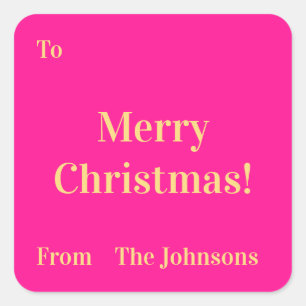 Merry Christmas Family Name Hot Pink Gold Square Sticker
