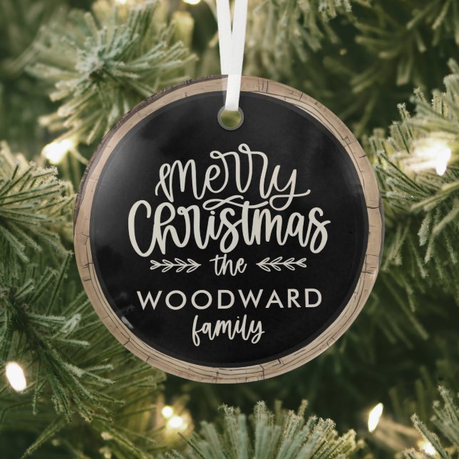 Merry Christmas Family Name Keepsake Tree Glass Tree Decoration (Insitu)