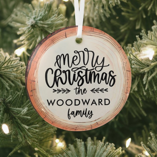 Merry Christmas Family Name Keepsake Tree Glass Tree Decoration (Insitu)