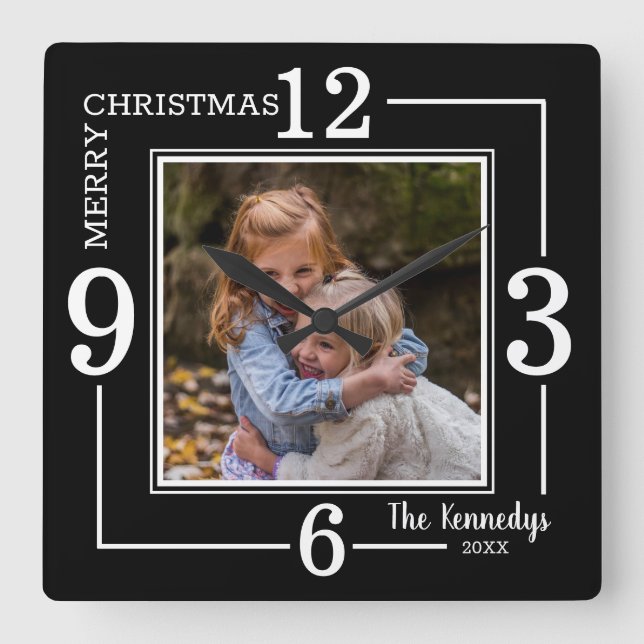 Merry Christmas Family Name Photo Black And White Square Wall Clock (Front)