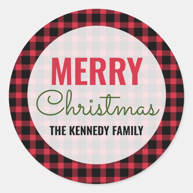 Merry Christmas Family Name Red Buffalo Plaid Classic Round Sticker (Front)