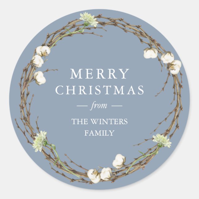 Merry Christmas Family Name Winter Greenery Classic Round Sticker (Front)