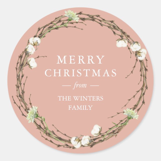 Merry Christmas Family Name Winter Greenery Classic Round Sticker (Front)