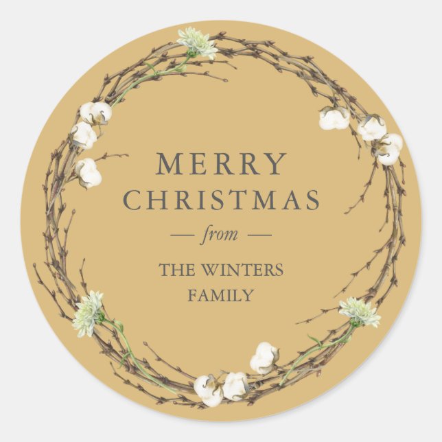 Merry Christmas Family Name Winter Greenery Classic Round Sticker (Front)