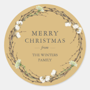 Merry Christmas Family Name Winter Greenery Classic Round Sticker