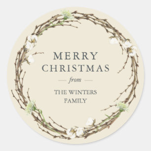 Merry Christmas Family Name Winter Greenery Classic Round Sticker