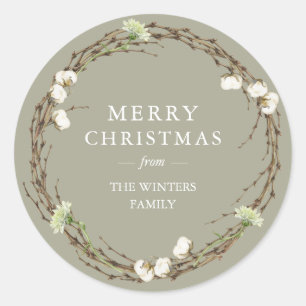 Merry Christmas Family Name Winter Greenery Classic Round Sticker