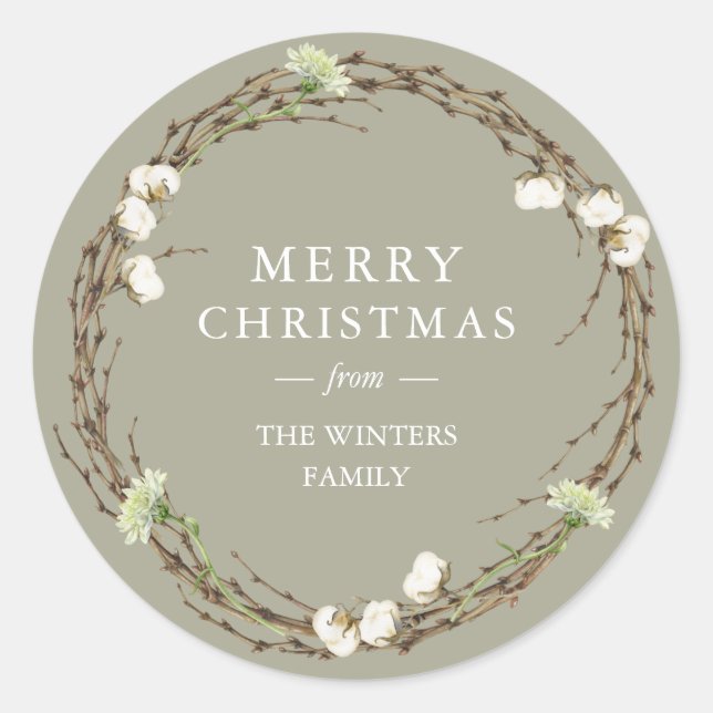 Merry Christmas Family Name Winter Greenery  Classic Round Sticker (Front)
