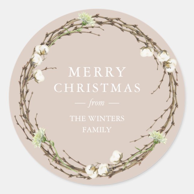 Merry Christmas Family Name Winter Greenery Classic Round Sticker (Front)