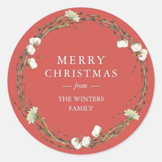 Merry Christmas Family Name Winter Greenery Red Classic Round Sticker (Front)