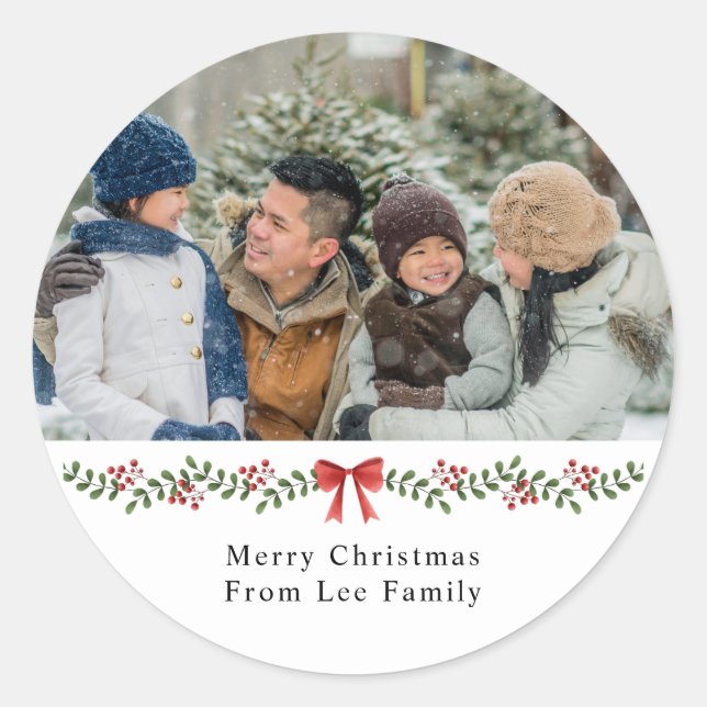 Merry Christmas Family One Photo Xmas Holiday Classic Round Sticker (Front)
