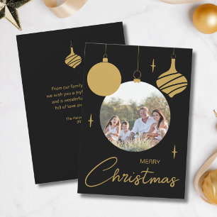 Merry Christmas Family Photo Black and Gold Holiday Card