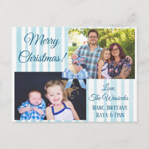 Merry Christmas  Family Photo Blue Bow Postcard