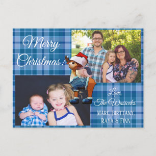 Merry Christmas Family Photo Blue Plaid Postcard