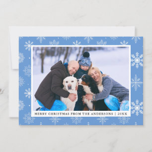 Merry Christmas Family Photo Blue Snowflakes Card