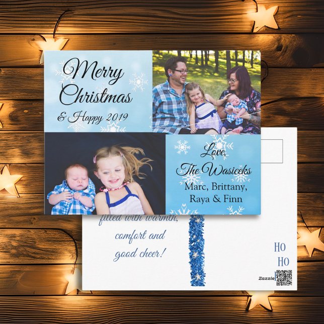 Merry Christmas Family Photo Blue  Snowflakes Holiday Postcard (Creator Uploaded)