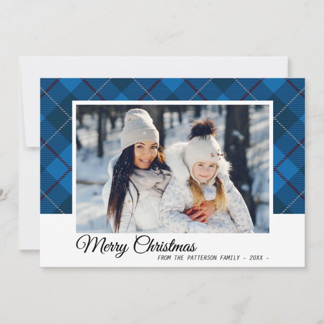 Merry Christmas Family Photo Blue Tartan Style Card (Front)