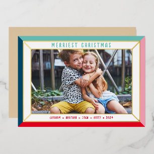 MERRY CHRISTMAS family photo bold colour border Foil Holiday Card