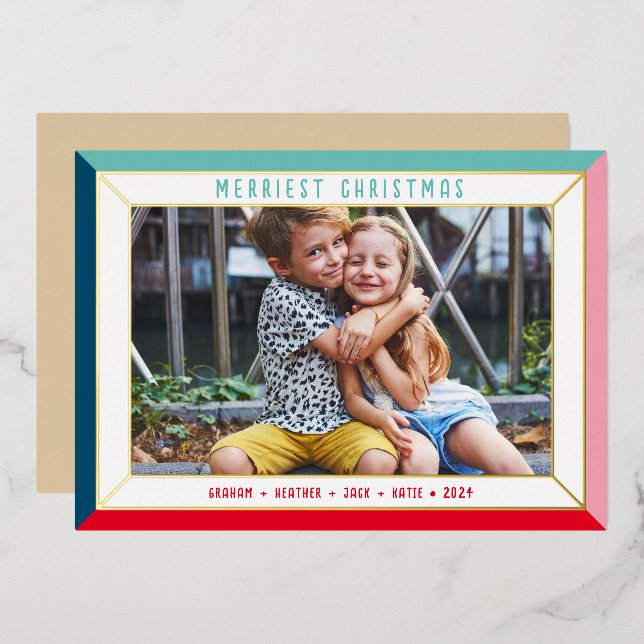 MERRY CHRISTMAS family photo bold colour border Foil Holiday Card (Front/Back)