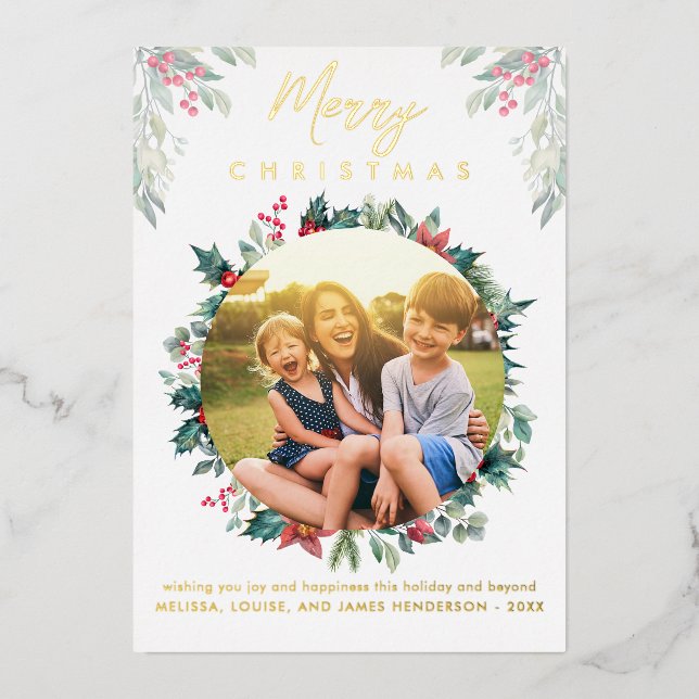 Merry Christmas Family Photo Botanical Foil Holiday Card (Front)
