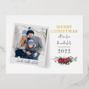 Merry Christmas Family Photo Botanical Gold Foil Holiday Postcard