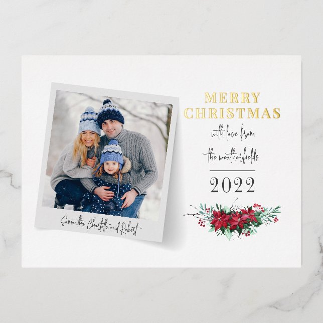 Merry Christmas Family Photo Botanical Gold Foil Holiday Postcard (Front)