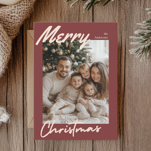 Merry Christmas Family Photo Card Burgundy Frame
