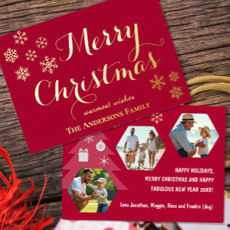 Merry Christmas Family Photo Card, Snowflakes, Red Foil Holiday Card