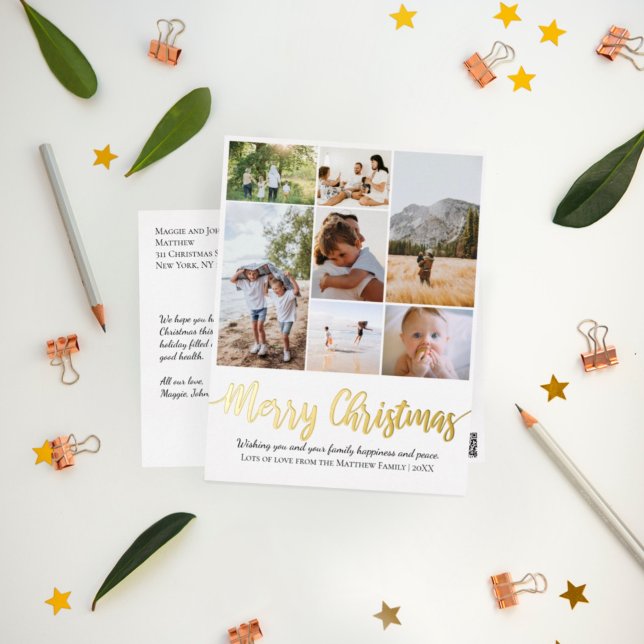 Merry Christmas Family Photo Collage Foil Holiday Postcard (Creator Uploaded)
