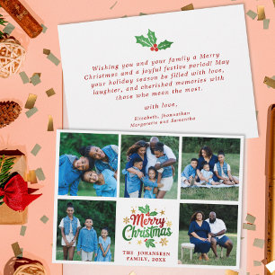 Merry Christmas Family Photo Collage Holly Berry  Holiday Card