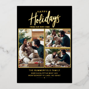 Merry Christmas Family Photo Collage Moving Gold Foil Holiday Card