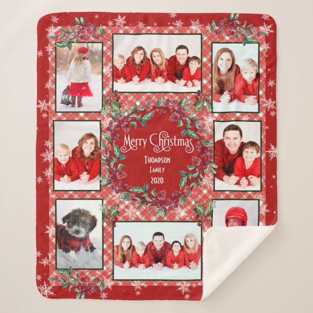 Merry Christmas Family Photo Collage Name Sherpa Blanket (Front)