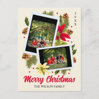 Merry Christmas Family Photo Collage Red Flower Holiday Postcard