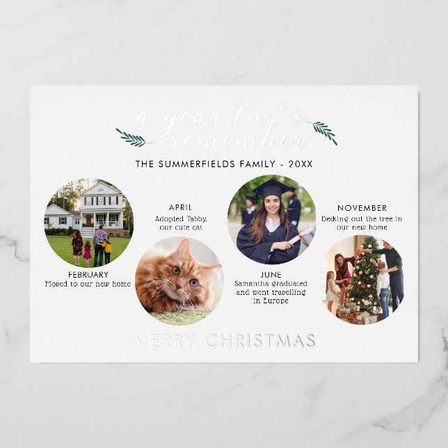 Merry Christmas Family Photo Collage Silver Foil Holiday Card (Front)