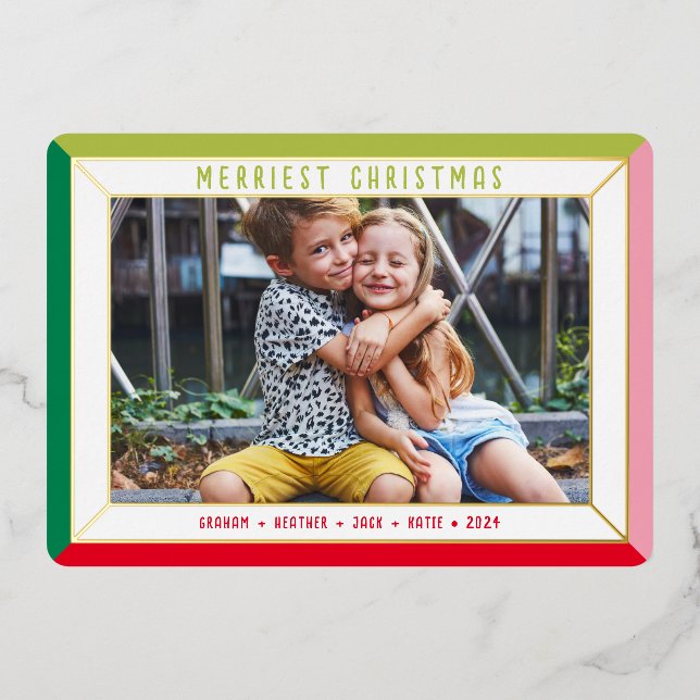 MERRY CHRISTMAS family photo colour block border Foil Holiday Card (Front)