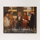 Merry Christmas Family Photo Commemorative Jigsaw Puzzle<br><div class="desc">Create your own commemorative Christmas puzzle,  featuring an elegant calligraphy script 'Merry Christmas' title,  a memorable family photo and your name with year. This design is decorated with wintery faux gold glitter snowflakes and festive white dots to add a wintery vibe.</div>
