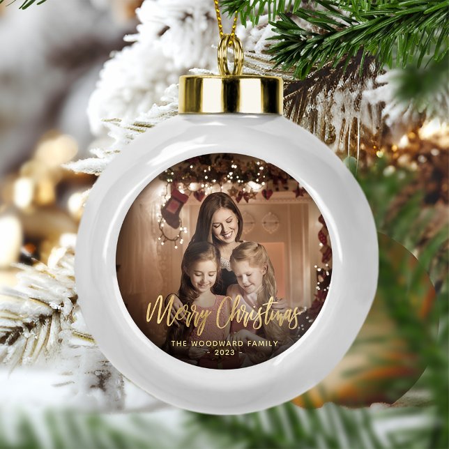 Merry Christmas Family Photo Elegant Gold Script Ceramic Ball Christmas Ornament (Creator Uploaded)