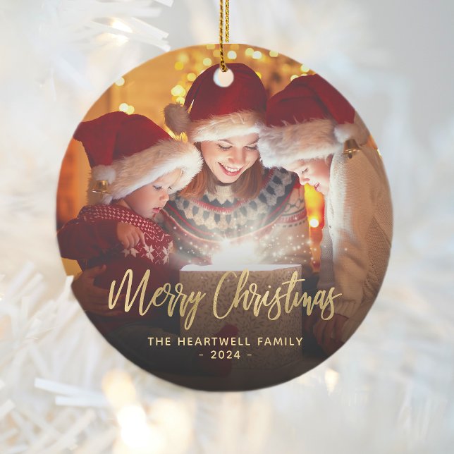 Merry Christmas Family Photo Elegant Gold Script Ceramic Tree Decoration (Creator Uploaded)