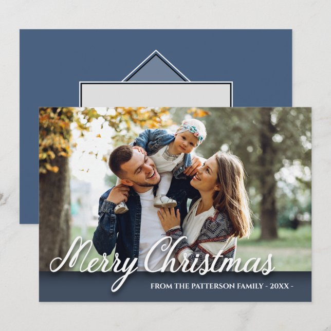 Merry Christmas Family Photo Elegant Modern Blue Card (Front/Back)